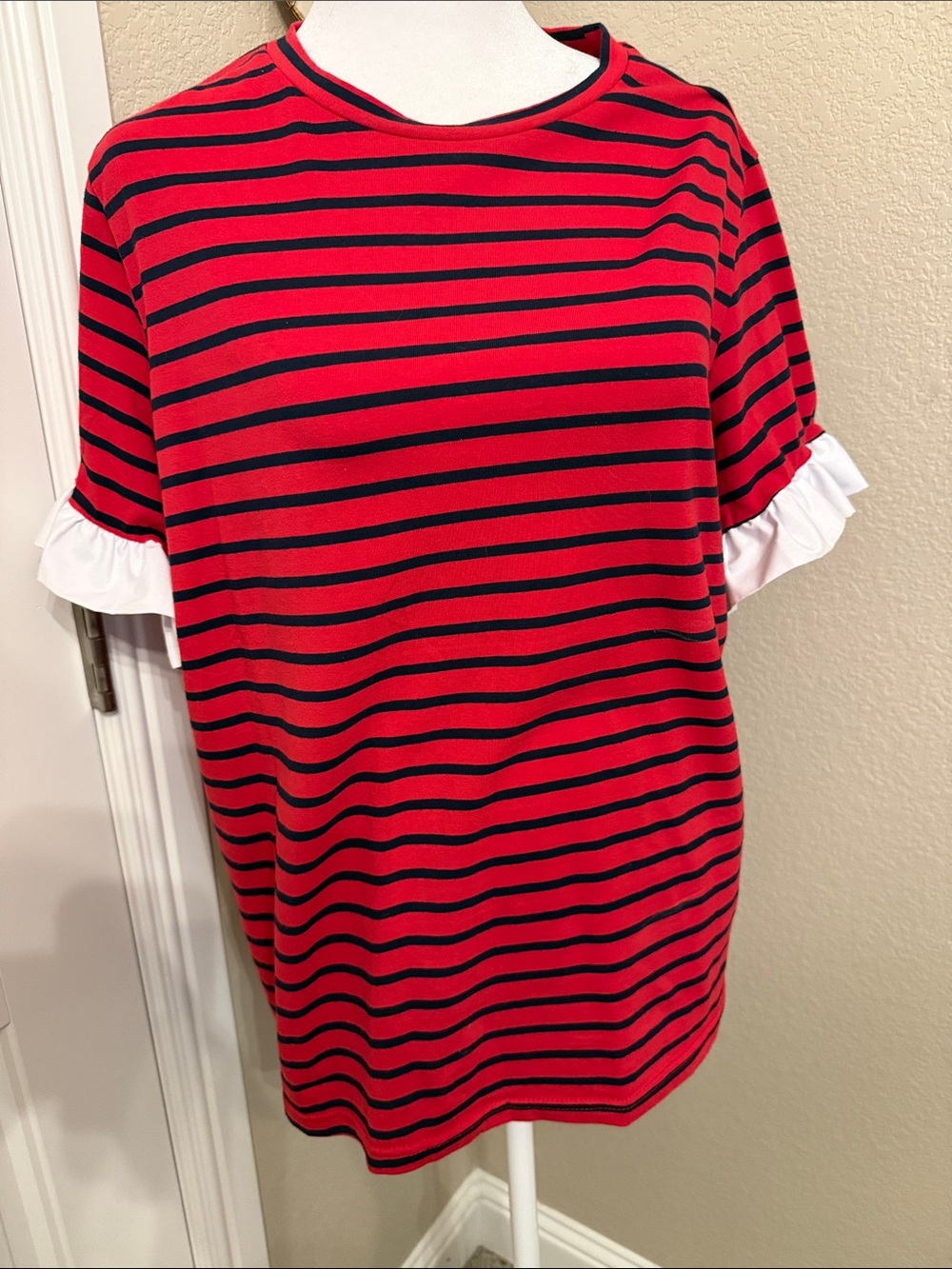 Red & Black Striped Short Sleeve Tee with Ruffle Trim